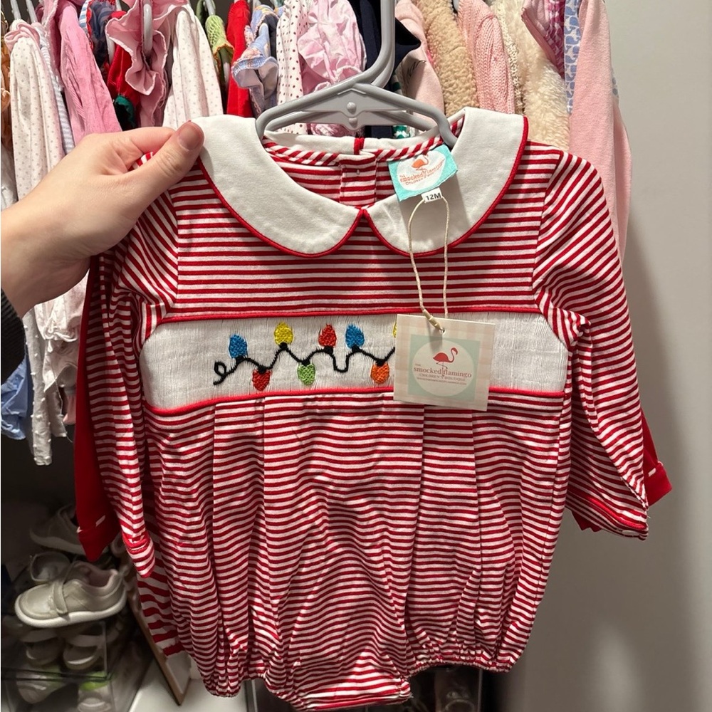 The Smocked Flamingo Red Striped Kids One Piece with Embroidered Lights